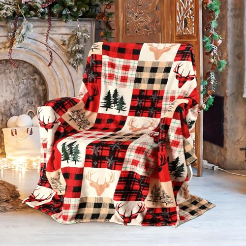 Jansun Christmas Blanket Christmas Throw Blanket Red Black Plaid Deer Pattern Comfortable Flannel Warm Winter Cabin Throw for Bed Sofa Kids Adults Family Self - Image 1
