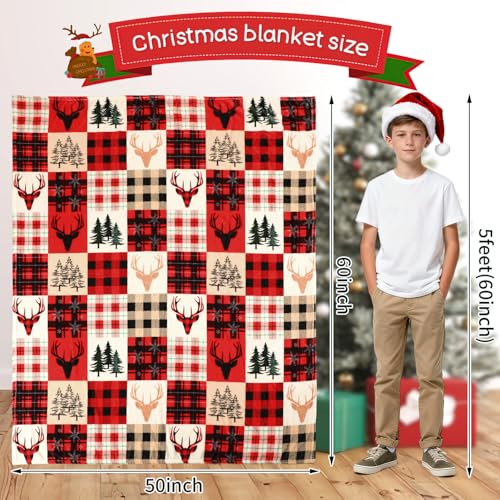 Jansun Christmas Blanket Christmas Throw Blanket Red Black Plaid Deer Pattern Comfortable Flannel Warm Winter Cabin Throw for Bed Sofa Kids Adults Family Self - Image 3