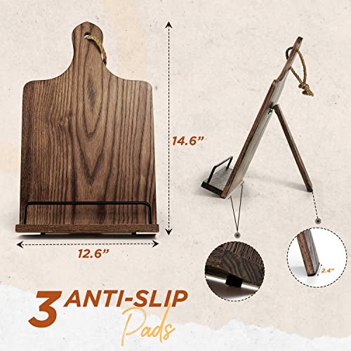 FANATU Cookbook Stand, Rustic Wood Cookbook Holder Cutting Board Style, Adjustable Recipe Ipad Tablet Book Holder and Stand for Kitchen with Anti-Slip Kickstand (Dark Brown) - Image 3