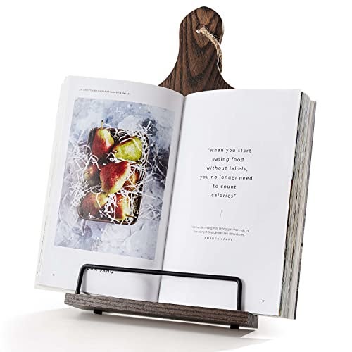 FANATU Cookbook Stand, Rustic Wood Cookbook Holder Cutting Board Style, Adjustable Recipe Ipad Tablet Book Holder and Stand for Kitchen with Anti-Slip Kickstand (Dark Brown) - Image 1