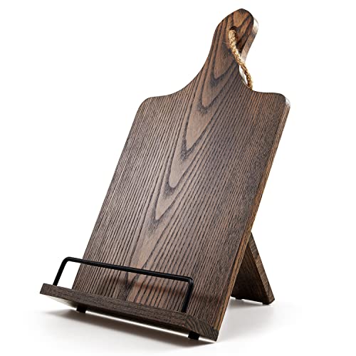 FANATU Cookbook Stand, Rustic Wood Cookbook Holder Cutting Board Style, Adjustable Recipe Ipad Tablet Book Holder and Stand for Kitchen with Anti-Slip Kickstand (Dark Brown) - Image 2