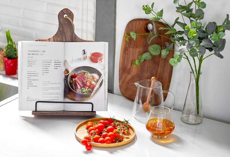 FANATU Cookbook Stand, Rustic Wood Cookbook Holder Cutting Board Style, Adjustable Recipe Ipad Tablet Book Holder and Stand for Kitchen with Anti-Slip Kickstand (Dark Brown) - Image 4