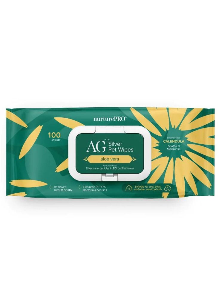 NurturePro AG+ Silver Pet Wet Wipes Aloe Vera Scent 100 Sheets 