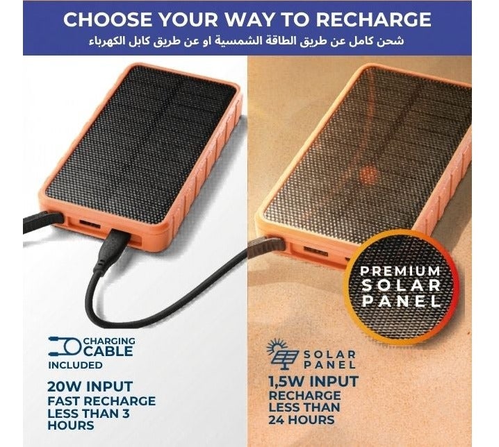 Cellularline Solar 10000 Power Bank 10000mAh, Portable Charger with Solar Panel, 20W USB-C Power Delivery & 18W Fast Charge, IP54 Water & Dust Resistant – Orange - Image 2
