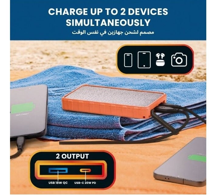 Cellularline Solar 10000 Power Bank 10000mAh, Portable Charger with Solar Panel, 20W USB-C Power Delivery & 18W Fast Charge, IP54 Water & Dust Resistant – Orange - Image 3