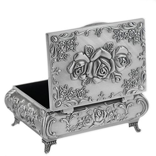 MioCloth Classic Vintage Antique Tin Rectangle Jewelry Box Treasure Storage Organizer Chest with Rose Pattern - Image 1