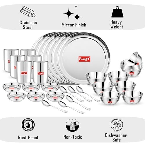 Parage 36 Pieces Heavy Gauge Solid Sanskriti Dinner Set/Premium Dinnerware For Home/Steel Bartan Set For Kitchen (6 Full Plate, 12 Bowl, 6 Dish Bowl, 6 Glass, 6 Spoon, Silver, Serves 6) - Image 5