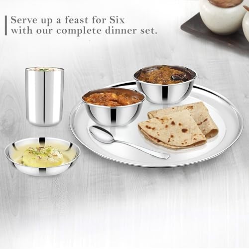 Parage 36 Pieces Heavy Gauge Solid Sanskriti Dinner Set/Premium Dinnerware For Home/Steel Bartan Set For Kitchen (6 Full Plate, 12 Bowl, 6 Dish Bowl, 6 Glass, 6 Spoon, Silver, Serves 6) - Image 3