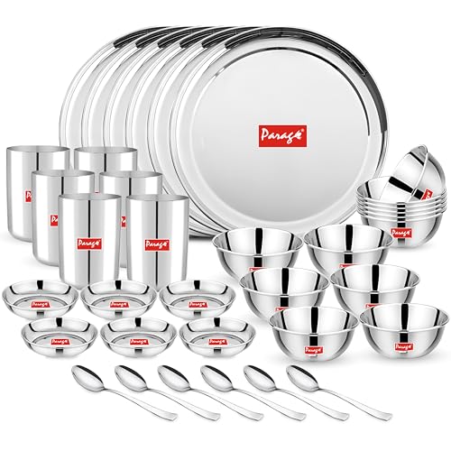 Parage 36 Pieces Heavy Gauge Solid Sanskriti Dinner Set/Premium Dinnerware For Home/Steel Bartan Set For Kitchen (6 Full Plate, 12 Bowl, 6 Dish Bowl, 6 Glass, 6 Spoon, Silver, Serves 6) - Image 1