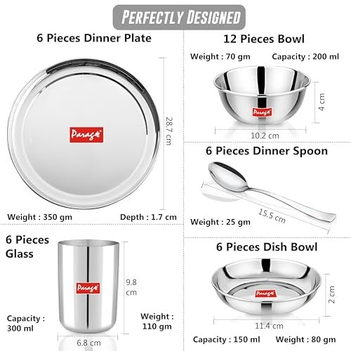 Parage 36 Pieces Heavy Gauge Solid Sanskriti Dinner Set/Premium Dinnerware For Home/Steel Bartan Set For Kitchen (6 Full Plate, 12 Bowl, 6 Dish Bowl, 6 Glass, 6 Spoon, Silver, Serves 6) - Image 2