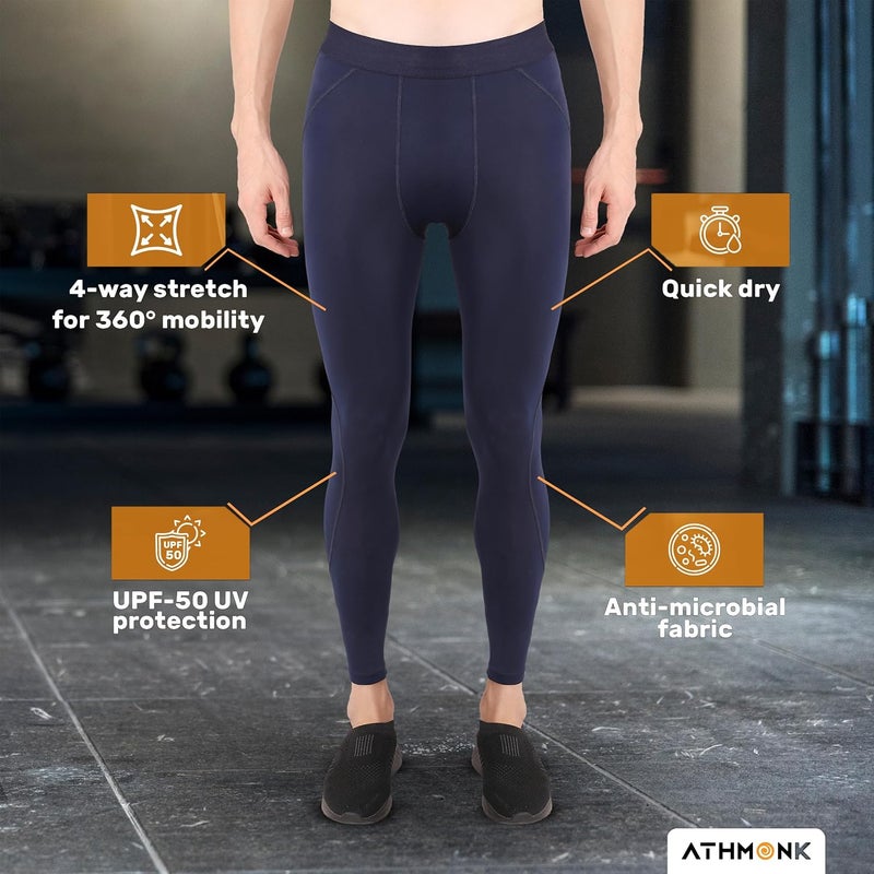 Athmonk Compression Nylon Lycra Lower Leggings Tights Yoga Pants for Men Boys - Workout Gym Exercise Running Cycling Training - Full Leg Sleeves - Cold Weather Sports Inner - Skinny Fit - Image 3