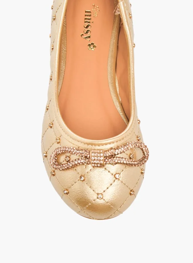 Little Missy Girls Quilted Slip-On Ballerina Shoes With Embellished Bow Accent