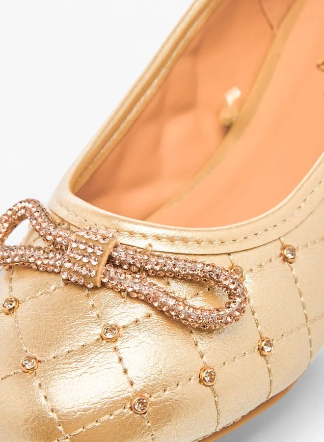 Little Missy Girls Quilted Slip-On Ballerina Shoes With Embellished Bow Accent