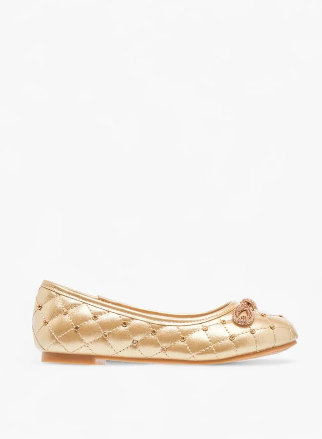 Little Missy Girls Quilted Slip-On Ballerina Shoes With Embellished Bow Accent