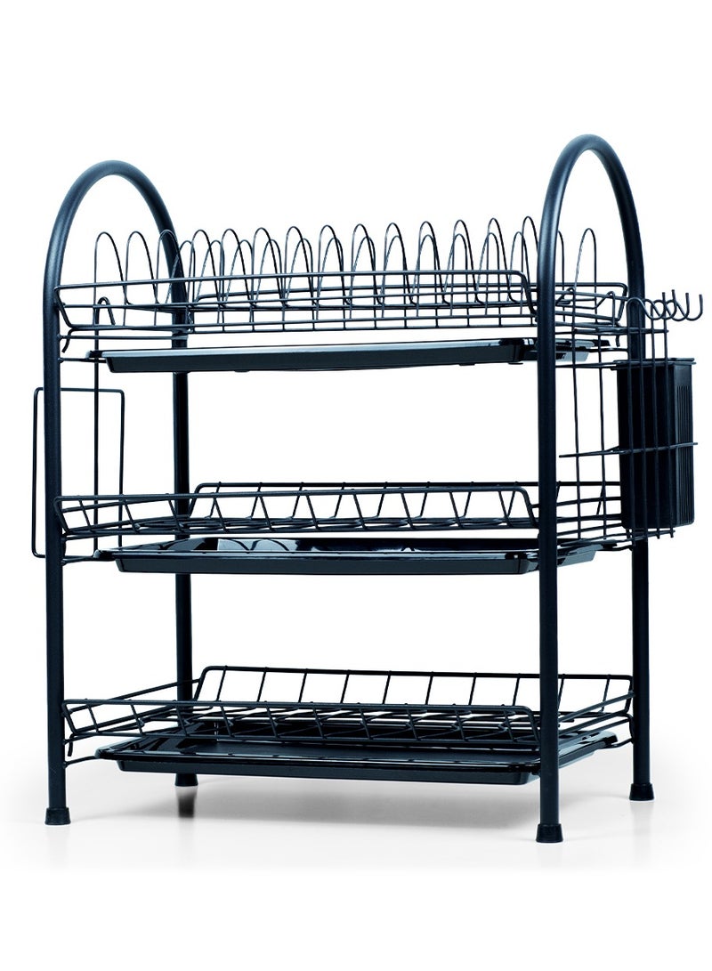 Beram 3-Tier Dish Rack, Kitchen Organiser, Utensils Drying Stand with Drip Tray, Knife Holder, Cutting Board Holder, Large Capacity, Rust-Proof, Black - Image 1