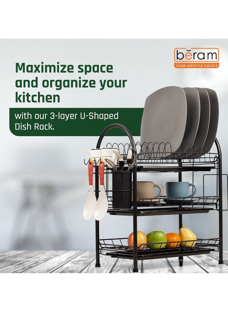 Beram 3-Tier Dish Rack, Kitchen Organiser, Utensils Drying Stand with Drip Tray, Knife Holder, Cutting Board Holder, Large Capacity, Rust-Proof, Black - Image 2