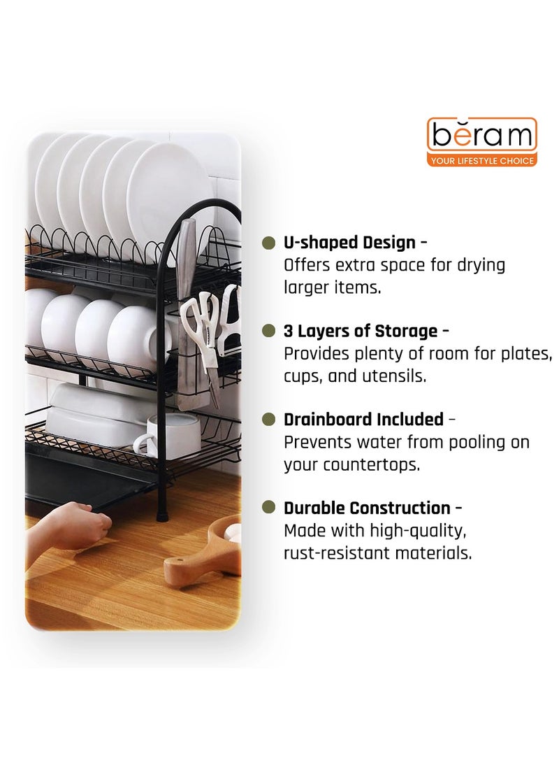 Beram 3-Tier Dish Rack, Kitchen Organiser, Utensils Drying Stand with Drip Tray, Knife Holder, Cutting Board Holder, Large Capacity, Rust-Proof, Black - Image 5