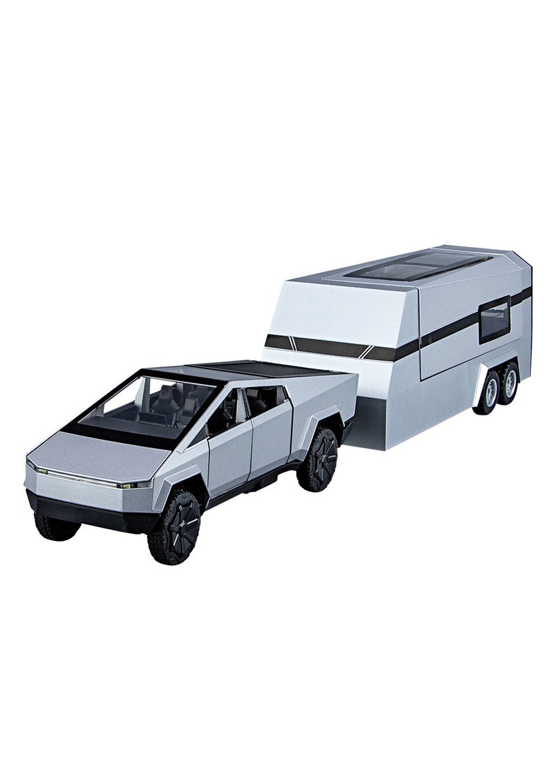 XiuWoo - Pickup Trailer RV Model, Metal Pick-Up Truck Trailer Toy, Toy Truck with Sound Light Pull Back Realistic Interior Exterior,Ideal Toy Car Vehicle Gifts, silver - Image 1