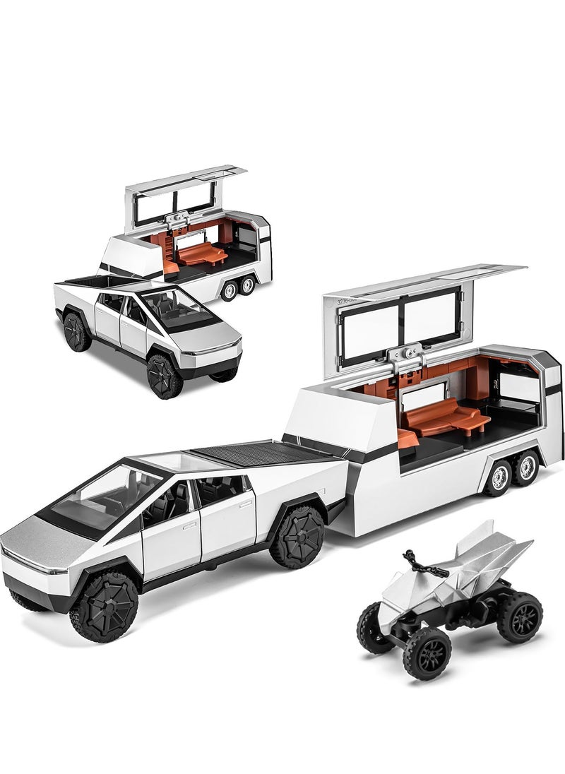 XiuWoo - Pickup Trailer RV Model, Metal Pick-Up Truck Trailer Toy, Toy Truck with Sound Light Pull Back Realistic Interior Exterior,Ideal Toy Car Vehicle Gifts, silver - Image 1