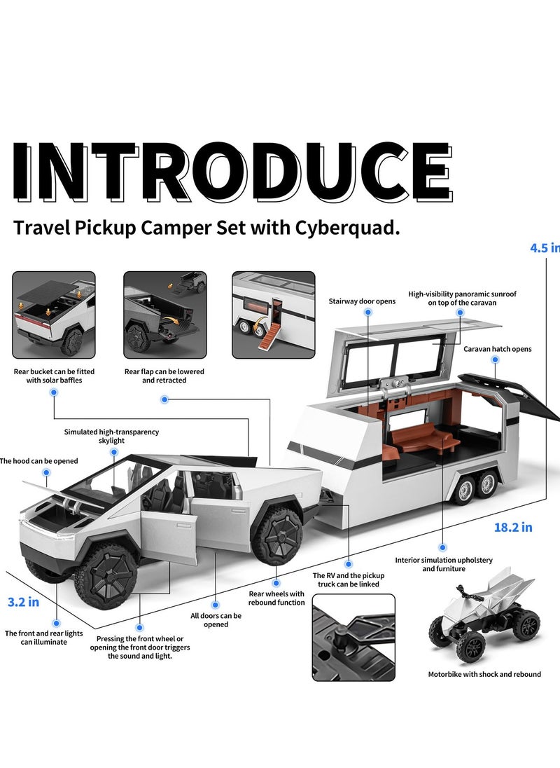 XiuWoo - Pickup Trailer RV Model, Metal Pick-Up Truck Trailer Toy, Toy Truck with Sound Light Pull Back Realistic Interior Exterior,Ideal Toy Car Vehicle Gifts, silver - Image 1