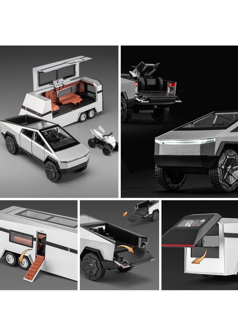 XiuWoo - Pickup Trailer RV Model, Metal Pick-Up Truck Trailer Toy, Toy Truck with Sound Light Pull Back Realistic Interior Exterior,Ideal Toy Car Vehicle Gifts, silver - Image 1