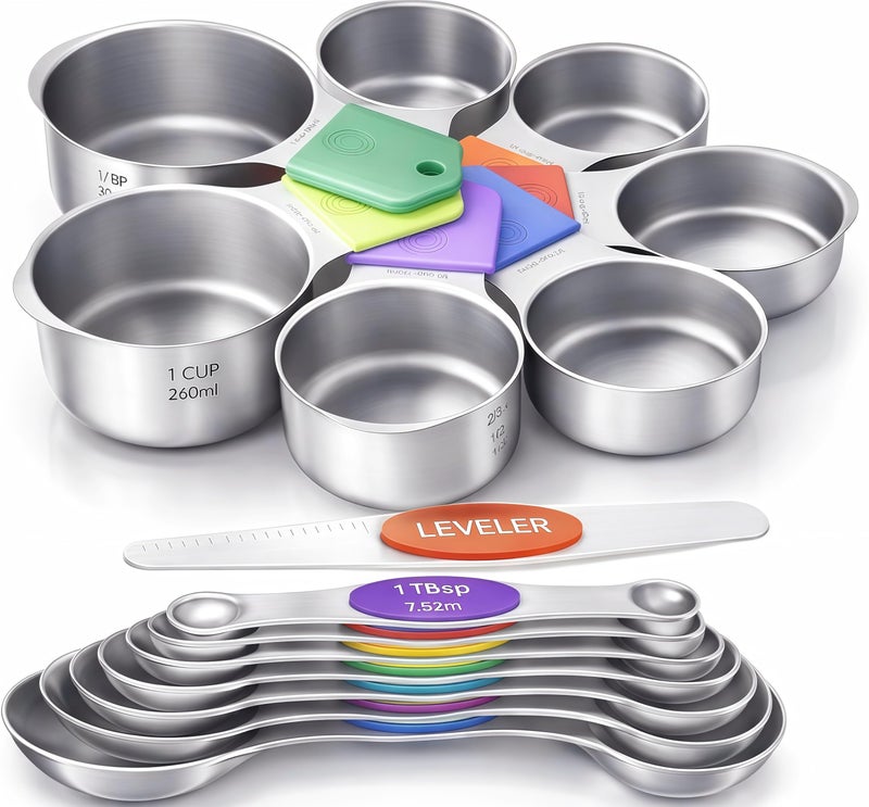 HOWGOODY Magnetic Measuring Cups and Spoons Set304 Stainless Steel Dual Scale Set of 15 Strong N52 Magnetic Nesting Design with Leveler for DryLiquid Ingredients Dishwasher SafeColorful - Image 2