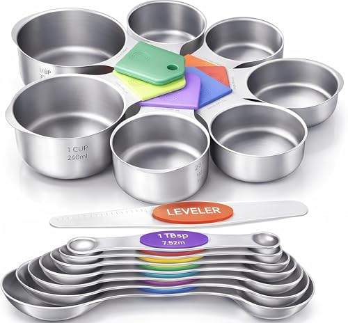 HOWGOODY Magnetic Measuring Cups and Spoons Set304 Stainless Steel Dual Scale Set of 15 Strong N52 Magnetic Nesting Design with Leveler for DryLiquid Ingredients Dishwasher SafeColorful - Image 1