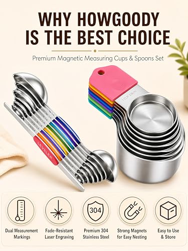 HOWGOODY Magnetic Measuring Cups and Spoons Set304 Stainless Steel Dual Scale Set of 15 Strong N52 Magnetic Nesting Design with Leveler for DryLiquid Ingredients Dishwasher SafeColorful - Image 3