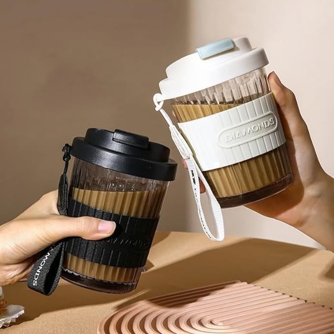 EXOMOON Random Colour Squre Glass Sipper Tumbler Tea Coffee Can with Acrylic Lid and Straw Fruit Milk Juice Cup Mason Jar Beer Can Glasses Sipper Glass Diamond Black Strip 1PCS - Image 1