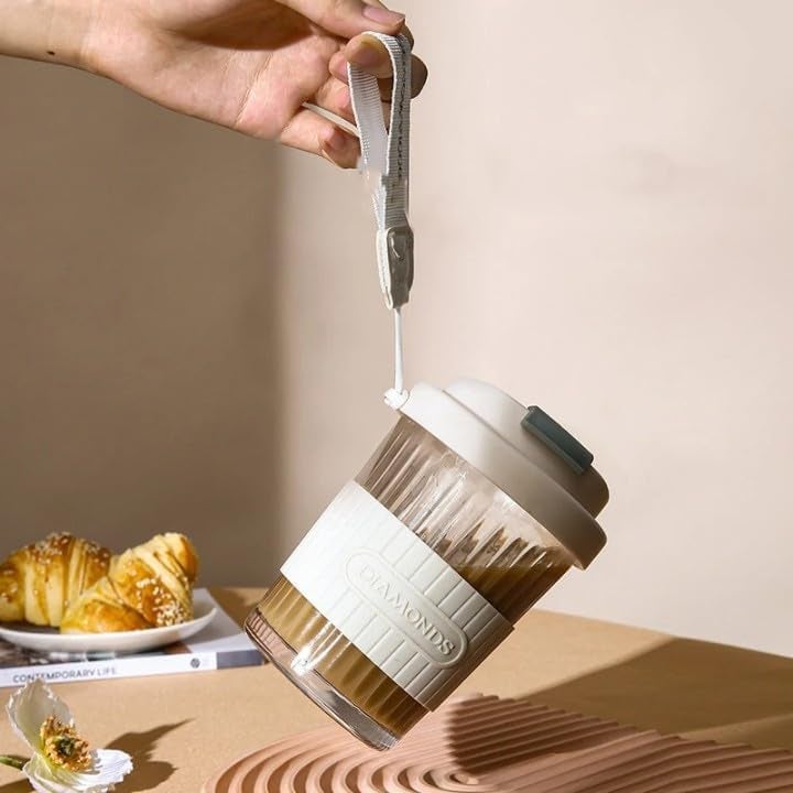 EXOMOON Random Colour Squre Glass Sipper Tumbler Tea Coffee Can with Acrylic Lid and Straw Fruit Milk Juice Cup Mason Jar Beer Can Glasses Sipper Glass Diamond Black Strip 1PCS - Image 2
