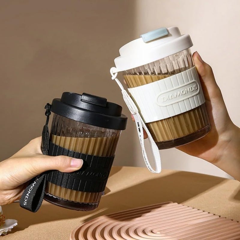 EXOMOON Random Colour Squre Glass Sipper Tumbler Tea Coffee Can with Acrylic Lid and Straw Fruit Milk Juice Cup Mason Jar Beer Can Glasses Sipper Glass Diamond Black Strip 1PCS - Image 4