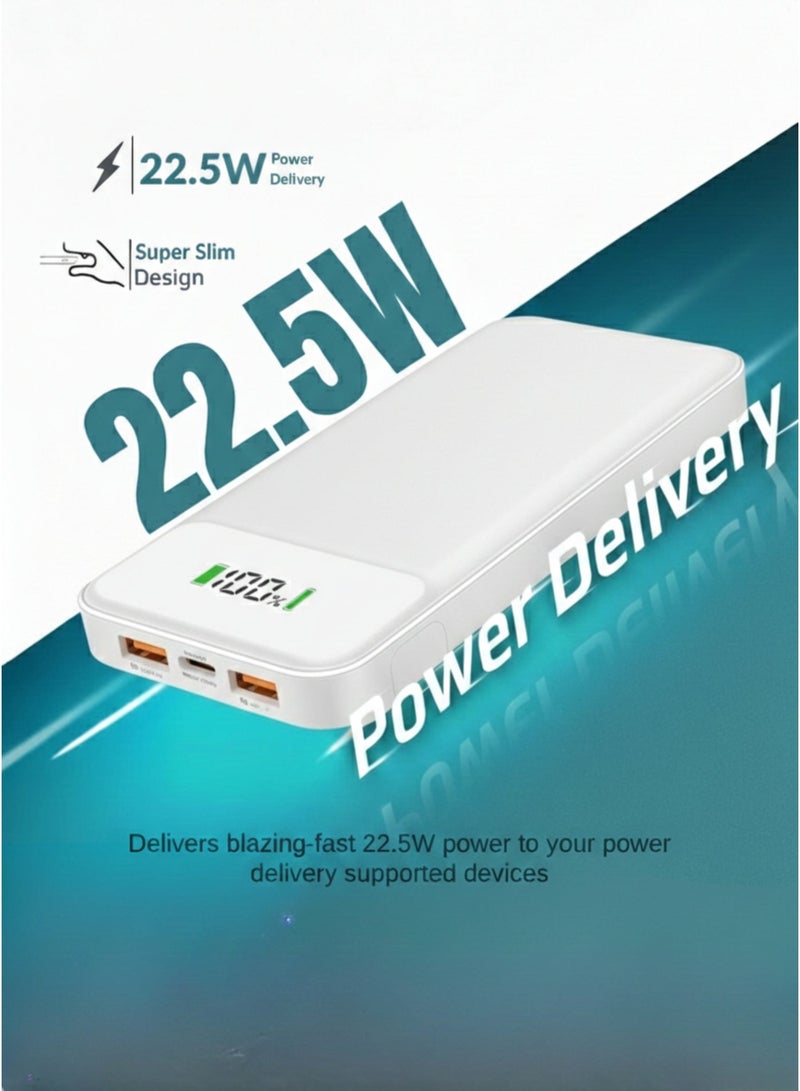 Levino Power Bank 10000mAh 22.5W Fast Charging, Flight Approved Lightweight Portable Powerbank with 4 Built-in Cables (USB, Type-C, Lightning, Mini USB), 2 USB + Type-C Port, Overheat Protection & Auto Charging Stop, Universal Fast Charger – White - Image 4