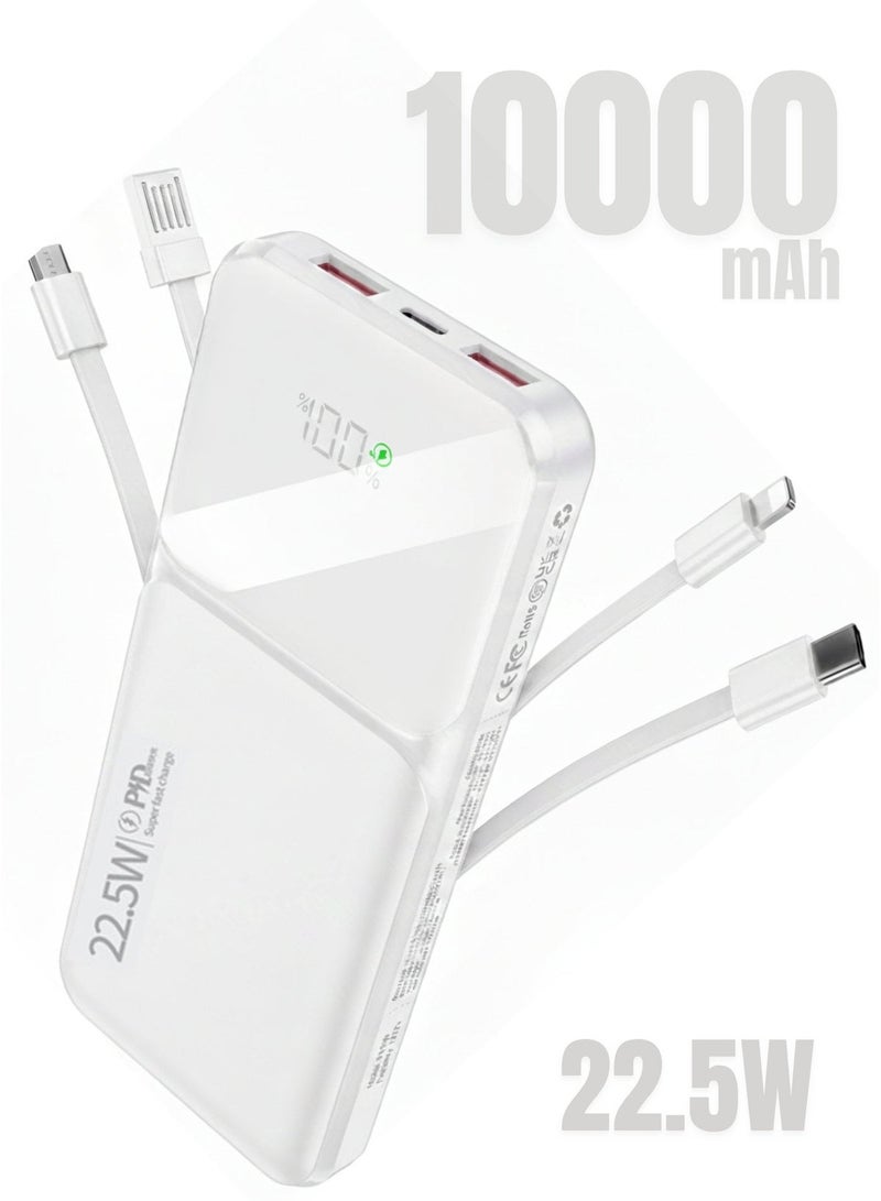 Levino Power Bank 10000mAh 22.5W Fast Charging, Flight Approved Lightweight Portable Powerbank with 4 Built-in Cables (USB, Type-C, Lightning, Mini USB), 2 USB + Type-C Port, Overheat Protection & Auto Charging Stop, Universal Fast Charger – White - Image 1