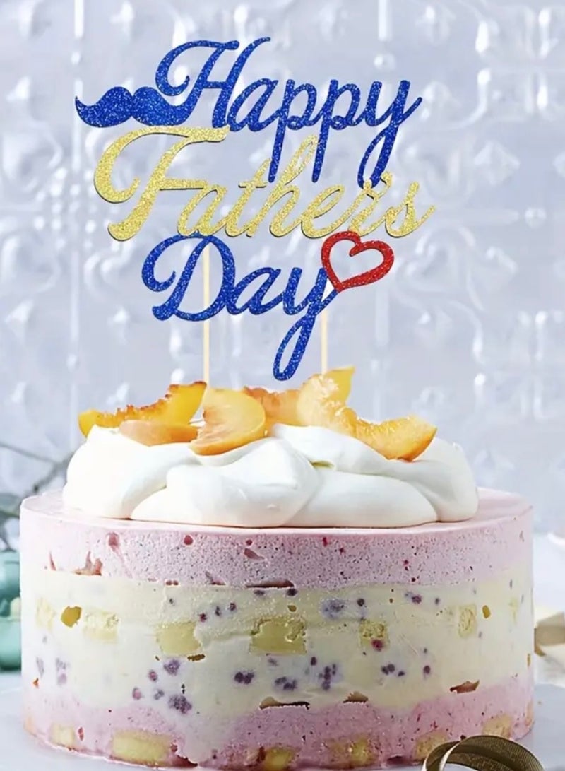 Happy Father's Day Cake Topper, Blue Gold with Red Heart, Baking Decoration Cupcakes Muffins Sweet Treats Tableware Party Supplies, Surprise Present for Best Dad, Gift Idea for Daddy - Image 3