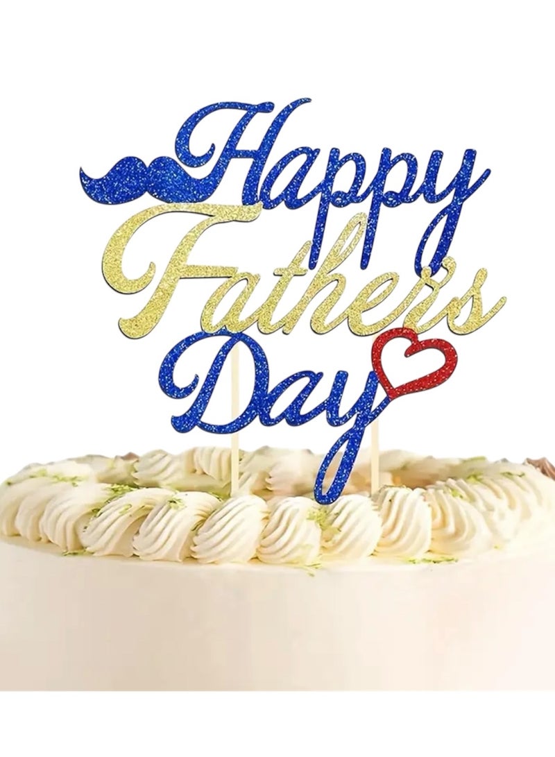 Happy Father's Day Cake Topper, Blue Gold with Red Heart, Baking Decoration Cupcakes Muffins Sweet Treats Tableware Party Supplies, Surprise Present for Best Dad, Gift Idea for Daddy - Image 1