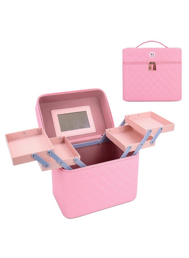 NFI essentials NFI essentials PU Makeup Box with Mirror 4 Layer Foldable Tray, Cosmetic Organizer for Women, Vanity Bridal Beauty Wedding Box Party Case for Girls  - Image 1