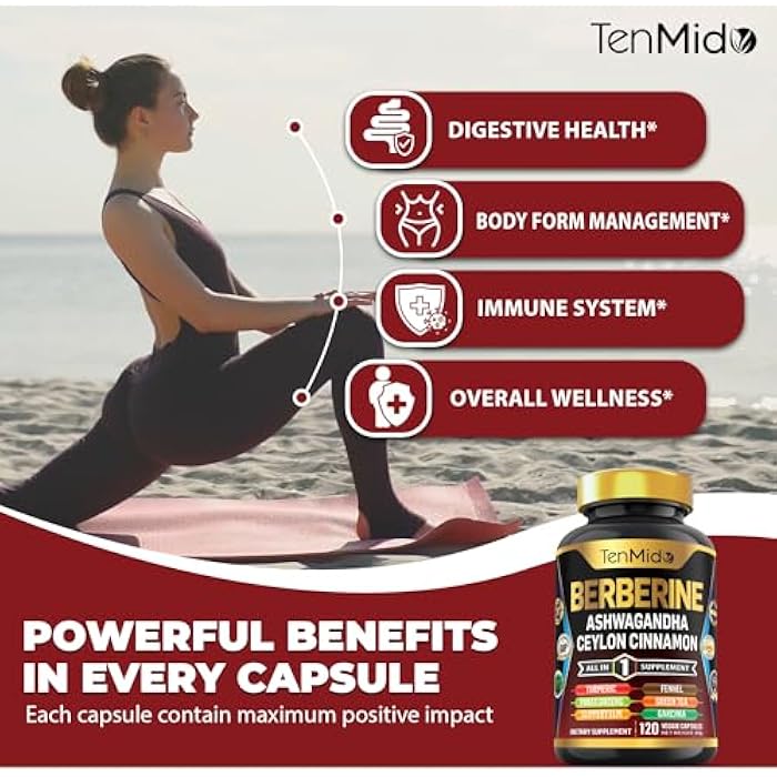 Tenmido Berberine Supplement - 10in1 Formula with Ashwagandha, Ceylon Cinnamon, Turmeric, Panax Ginseng, Slippery Elm, Fennel, Green Tea, & More - Immune, Digestive Support - 120 Caps - Image 4