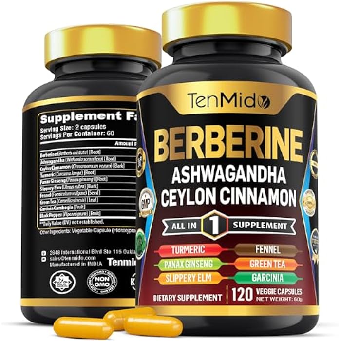 Tenmido Berberine Supplement - 10in1 Formula with Ashwagandha, Ceylon Cinnamon, Turmeric, Panax Ginseng, Slippery Elm, Fennel, Green Tea, & More - Immune, Digestive Support - 120 Caps - Image 1
