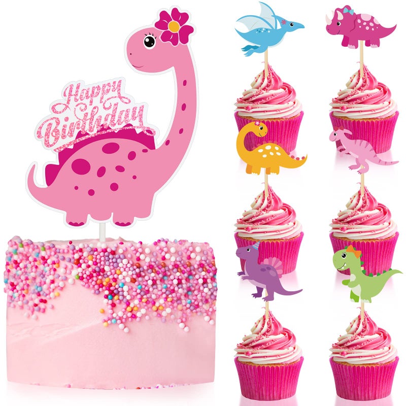 Containlol 37 Pieces Pink Dinosaur Cake Toppers for Girls Dinosaur Cupcake Toppers Girls Birthday Party Decorations Colorful Cake Decorations for Kids Birthday Girl Baby Shower Party Supplies - Image 1