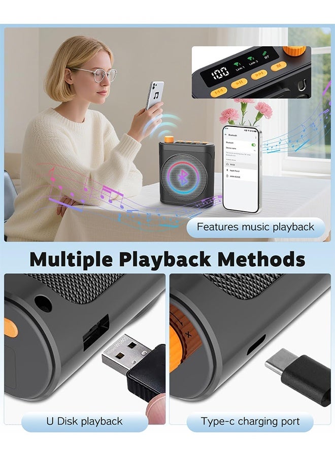 مكبر صوت للمعلمين مع ميكروفونين لاسلكيين صغيرين، ميكروفون محمول للفصول الدراسية، نظام ميكروفون لاسلكي ببطارية تدوم طويلاً للتدريس والتحدث والعروض التقديمية (أسود) - Image 5