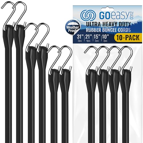 GOEASY0312 Rubber Bungee Cords with Hooks - Heavy Duty Max Stretch 1.8X & Over 180 LBS Load, 100% EPDM Bungee Straps, 10", 15", 21", 31" (10 Pack) for Cargo, Trucks & Outdoor Extreme Weather Use - Image 1