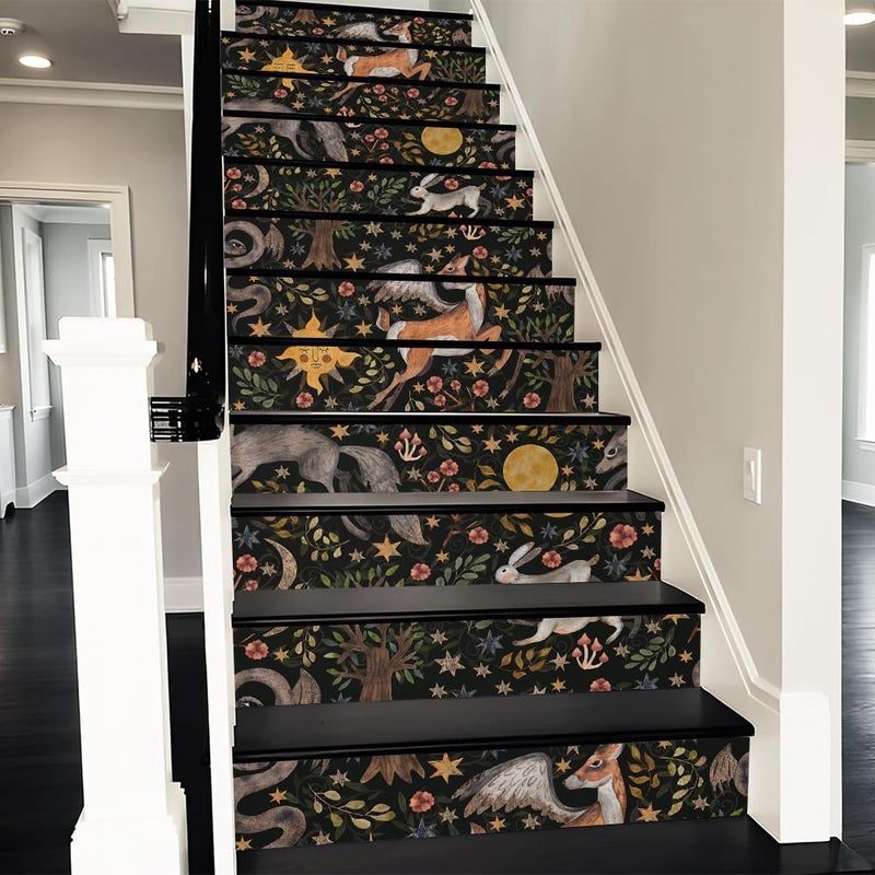 REDAMANCY Vintage Dark Black Animals Forest Rabbits Deer Peel and Stick Vinyl Stair Riser Decals Staircase Tile Stickers Decor Modern Marble Decoration Self-Adhesive(14 Pcs) - Image 1