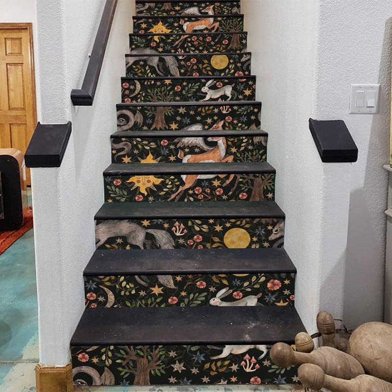 REDAMANCY Vintage Dark Black Animals Forest Rabbits Deer Peel and Stick Vinyl Stair Riser Decals Staircase Tile Stickers Decor Modern Marble Decoration Self-Adhesive(14 Pcs) - Image 3