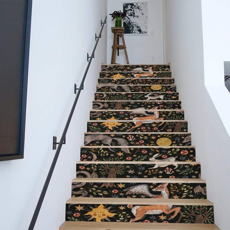 REDAMANCY Vintage Dark Black Animals Forest Rabbits Deer Peel and Stick Vinyl Stair Riser Decals Staircase Tile Stickers Decor Modern Marble Decoration Self-Adhesive(14 Pcs) - Image 4