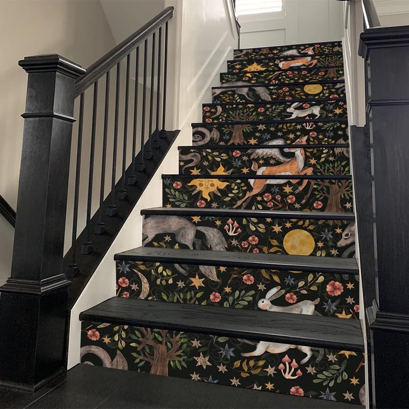 REDAMANCY Vintage Dark Black Animals Forest Rabbits Deer Peel and Stick Vinyl Stair Riser Decals Staircase Tile Stickers Decor Modern Marble Decoration Self-Adhesive(14 Pcs) - Image 2