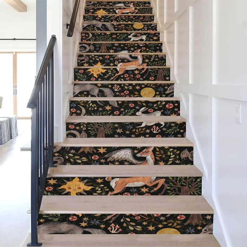 REDAMANCY Vintage Dark Black Animals Forest Rabbits Deer Peel and Stick Vinyl Stair Riser Decals Staircase Tile Stickers Decor Modern Marble Decoration Self-Adhesive(14 Pcs) - Image 5
