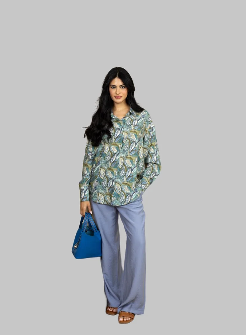 Bond Sky Blue Earthline Sky Blue Leaf Printed Shirt & Pants Co-Ord Set for Women | Best Price UAE