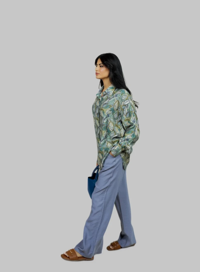 Bond Sky Blue Earthline Sky Blue Leaf Printed Shirt & Pants Co-Ord Set for Women | Best Price UAE