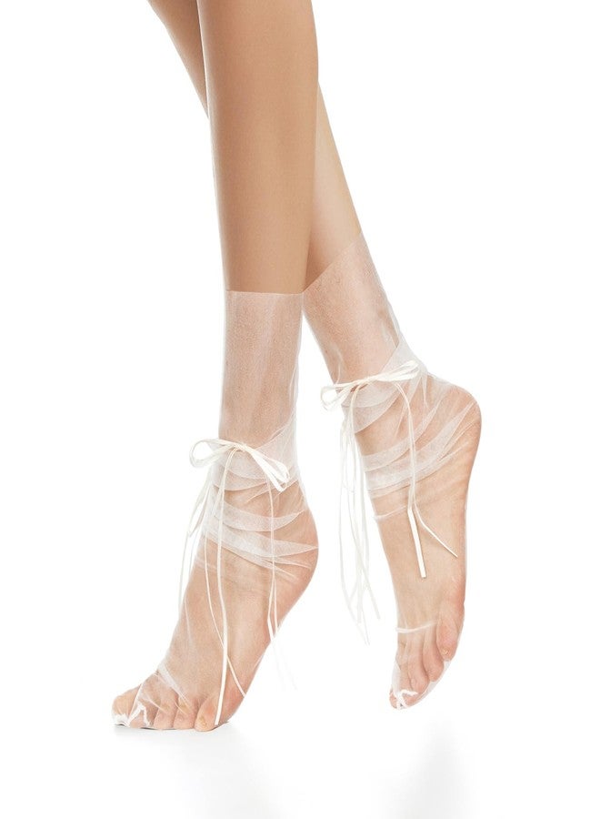 Violet Mist Sheer Slouch Socks Womens Girls Novelty Cute White Sheer Mesh Lace Loose Socks Fancy Pretty Decorated Tulle Sock with Bows Elegant Ankle High Lolita Thin See Through Clear Lace Sock - Image 2