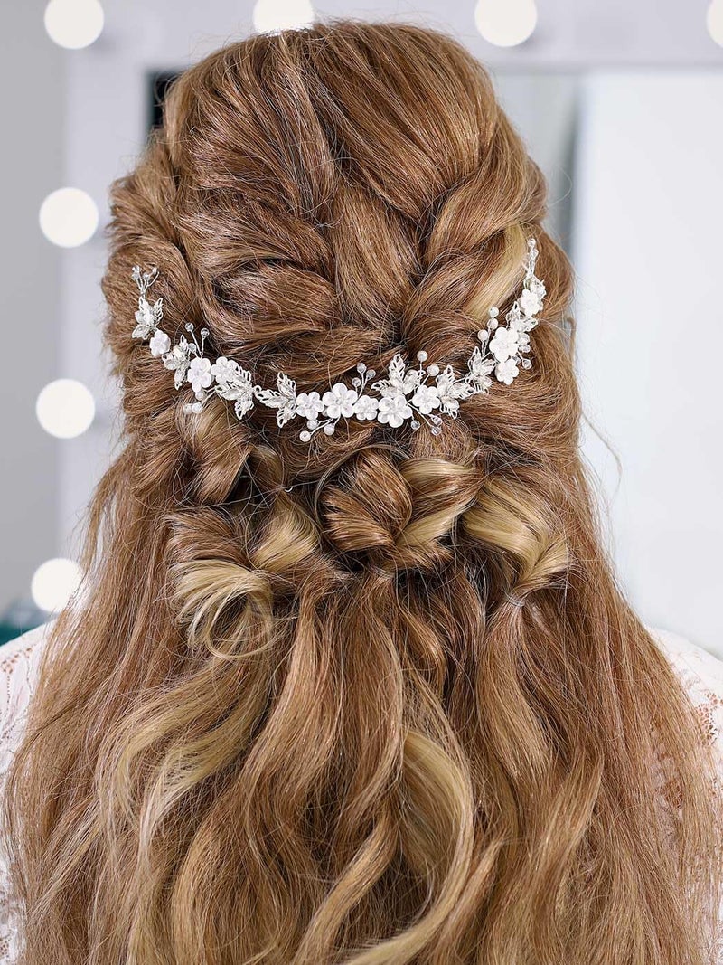 GORAIS Flower Bride Wedding Hair Vine Crystal Bridal Pearl Headpiece Prom Leaf Hair Accessories for Women and Girls